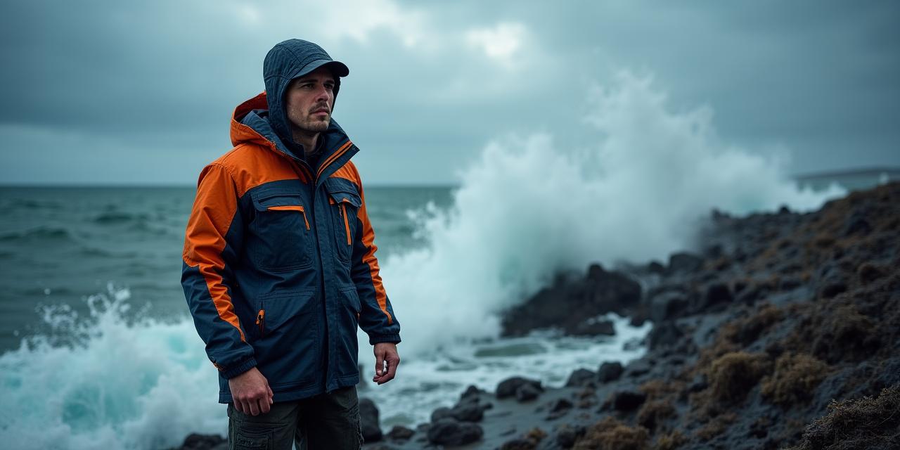 Angler facing rugged weather in waterproof gear