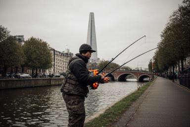 Angler fishing at a scenic spot along the River Thames in London