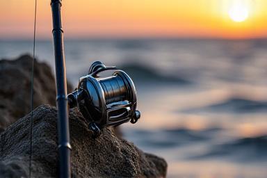 Professional saltwater fishing rod against a seaside sunset