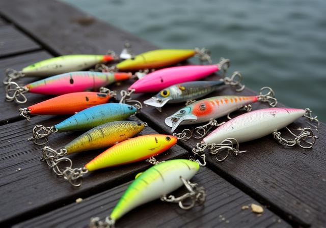 Assortment of vibrant fishing lures on a tackle box under grey skies