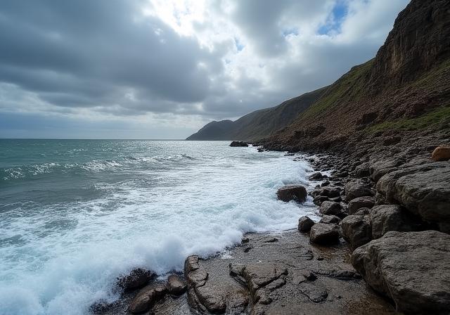 A dramatic coastline with crashing waves showing different tide levels