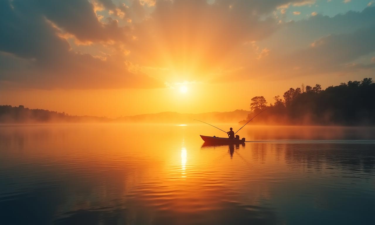 Panoramic fishing scene at sunrise