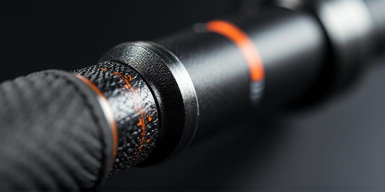 Close up of marine-grade rod guides and carbon fiber weave