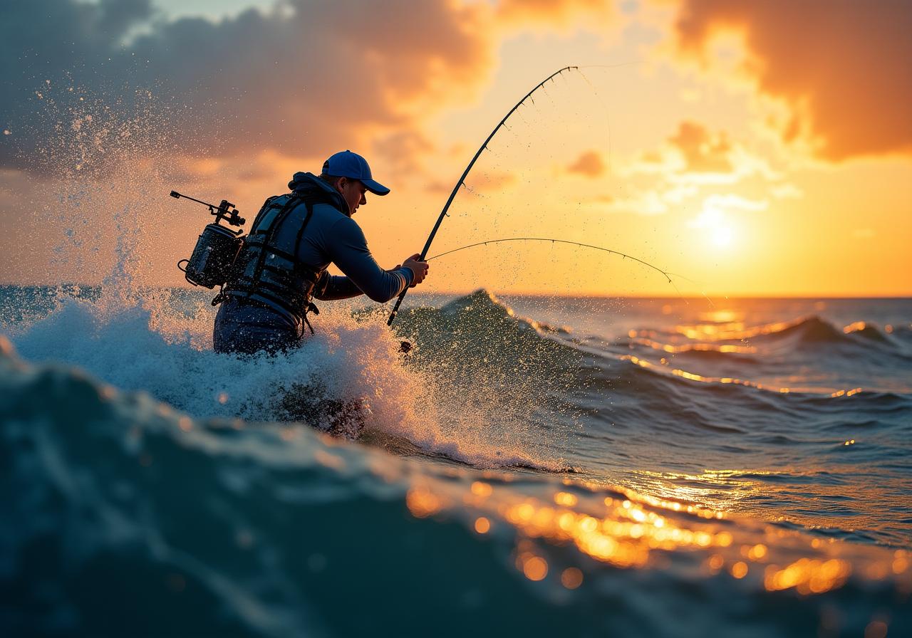 Deep sea fisherman battling a large catch with a high-end saltwater rod